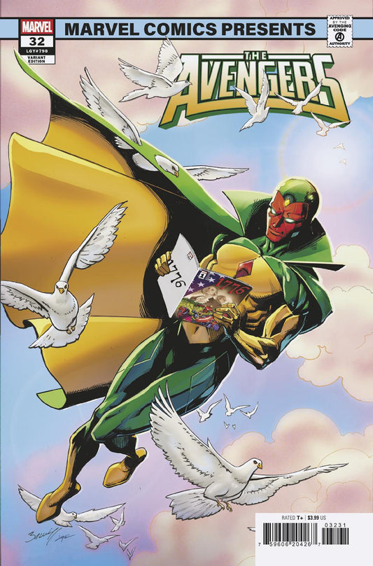 Comic book cover featuring a superhero in a green and yellow costume with doves in the sky.