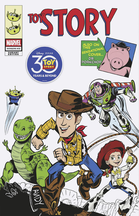 Comic book cover featuring characters from Toy Story with promotional text for Marvel's 'Toystory'.