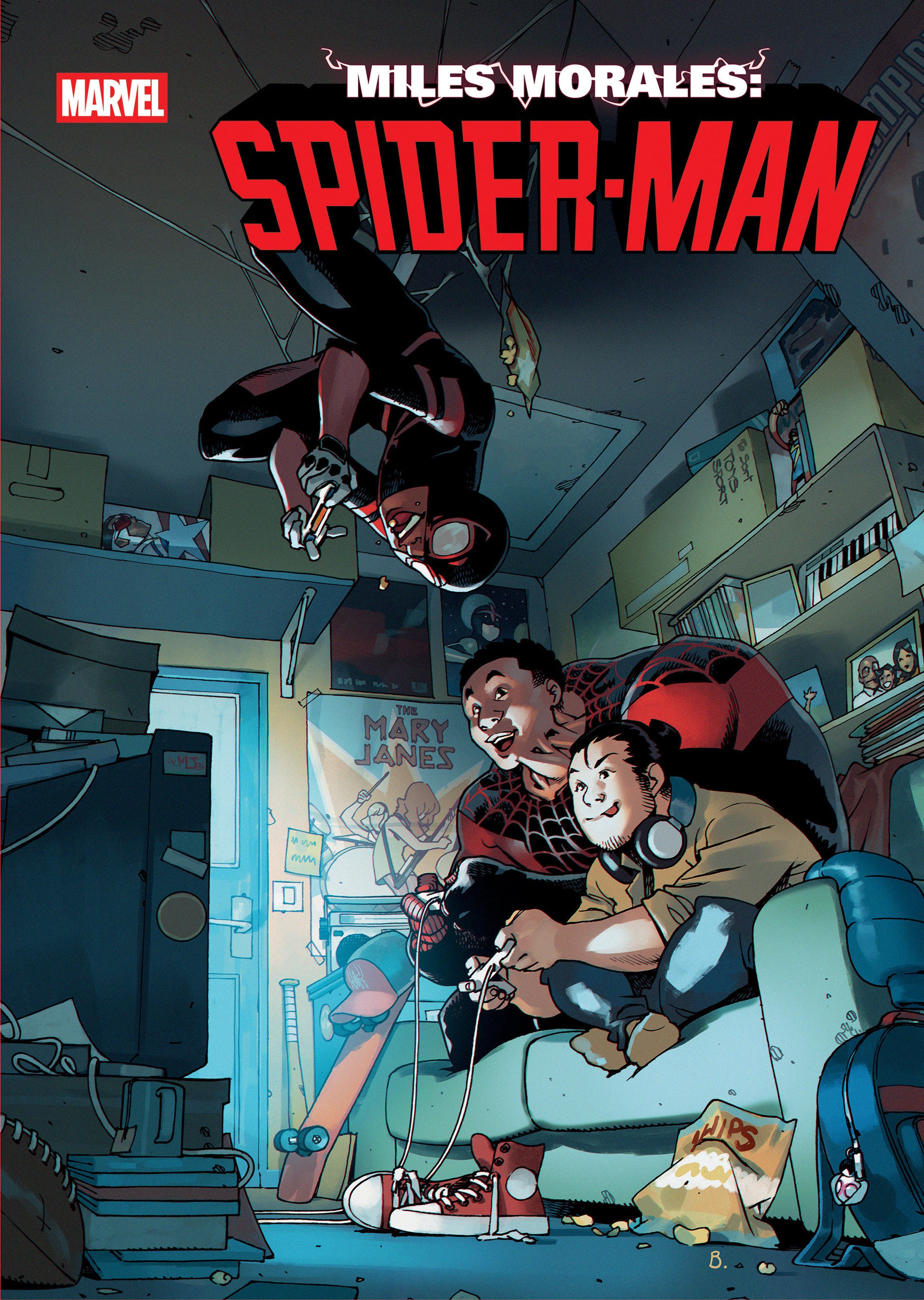 Comic book cover featuring Spider-Man and a family in a living room.