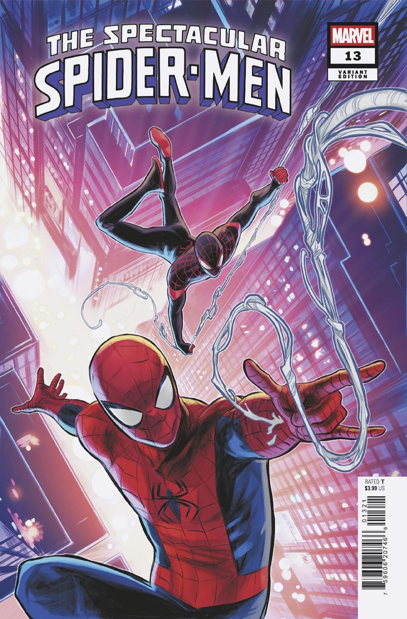 Comic book cover featuring Spider-Man in action with a cityscape background