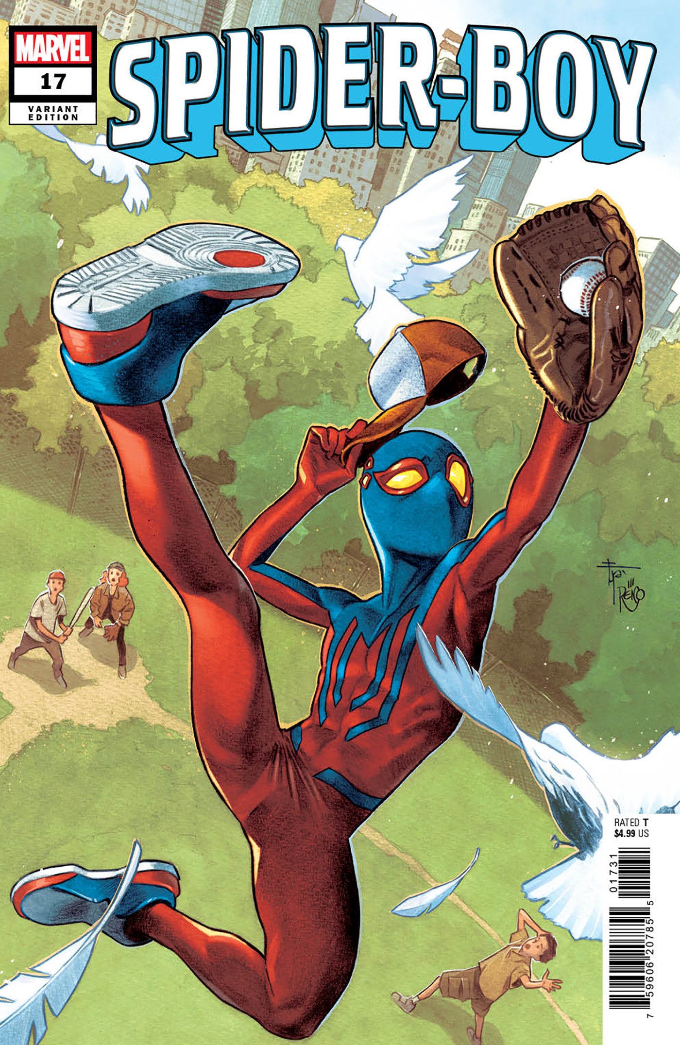 Comic book cover featuring Spider-Boy in a dynamic pose with birds and other characters in the background.