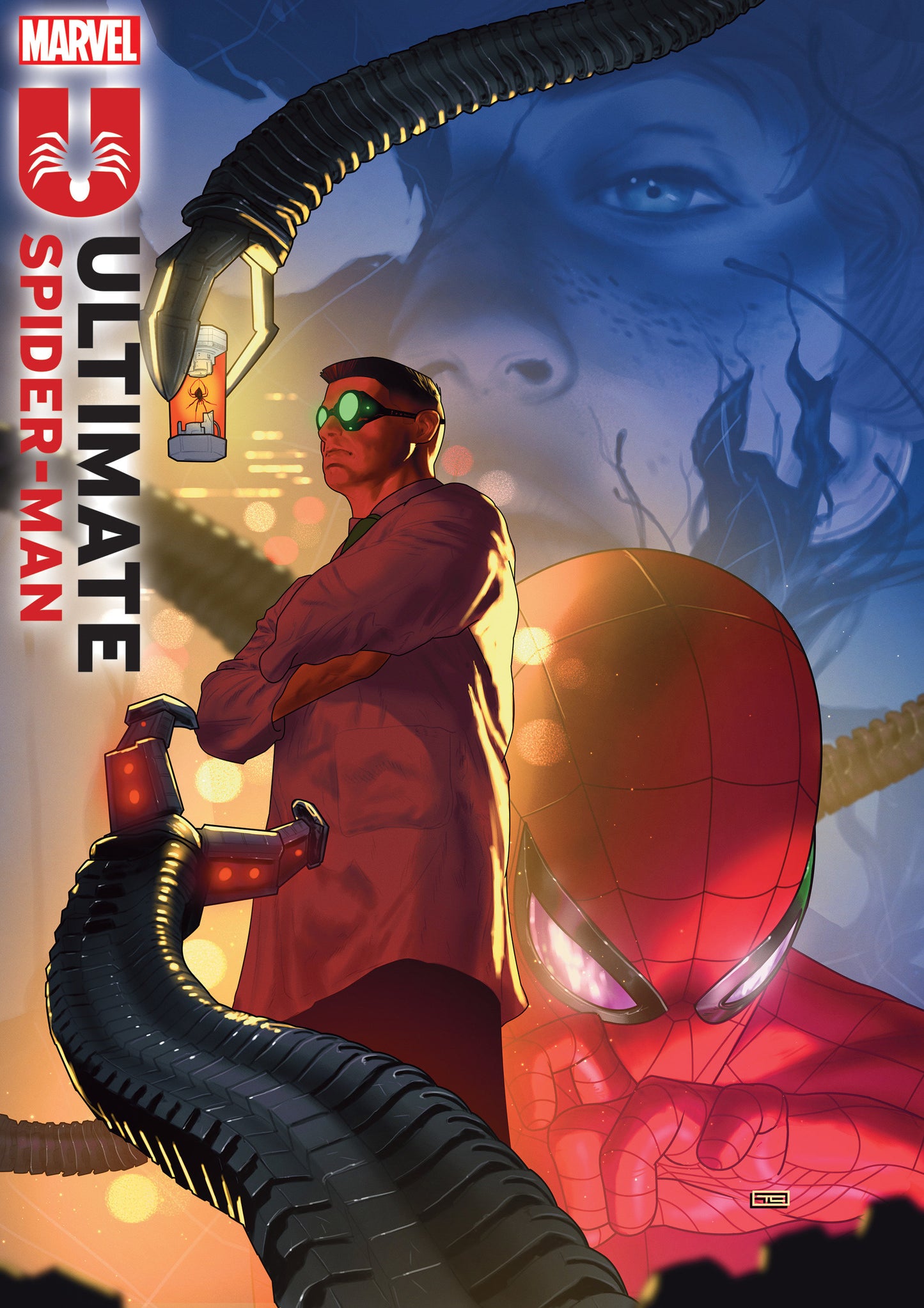 Comic book cover featuring a character with a red suit and green goggles, surrounded by a snake-like creature.