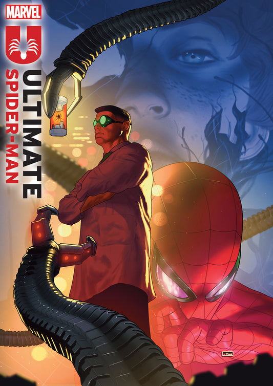Comic book cover featuring a character with a red suit and green goggles, surrounded by a snake-like creature.