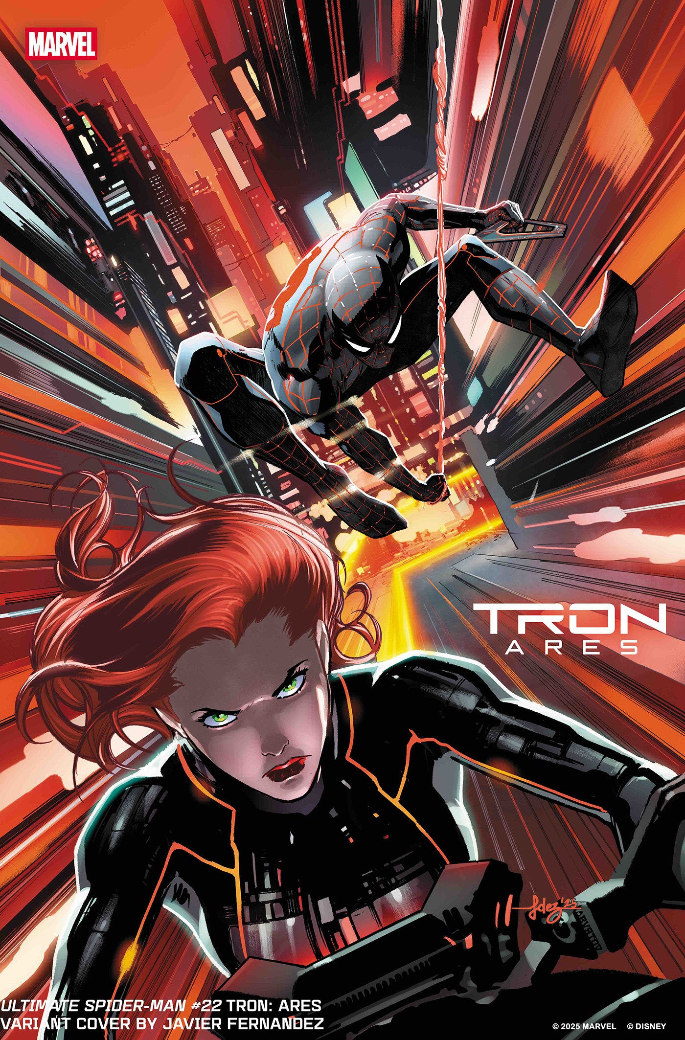 Comic book cover featuring Spider-Man and Black Widow with 'Tron: Ares' text.