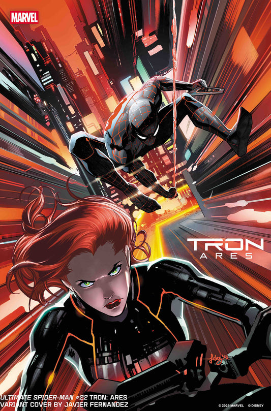 Comic book cover featuring Spider-Man and Black Widow with 'Tron: Ares' text.