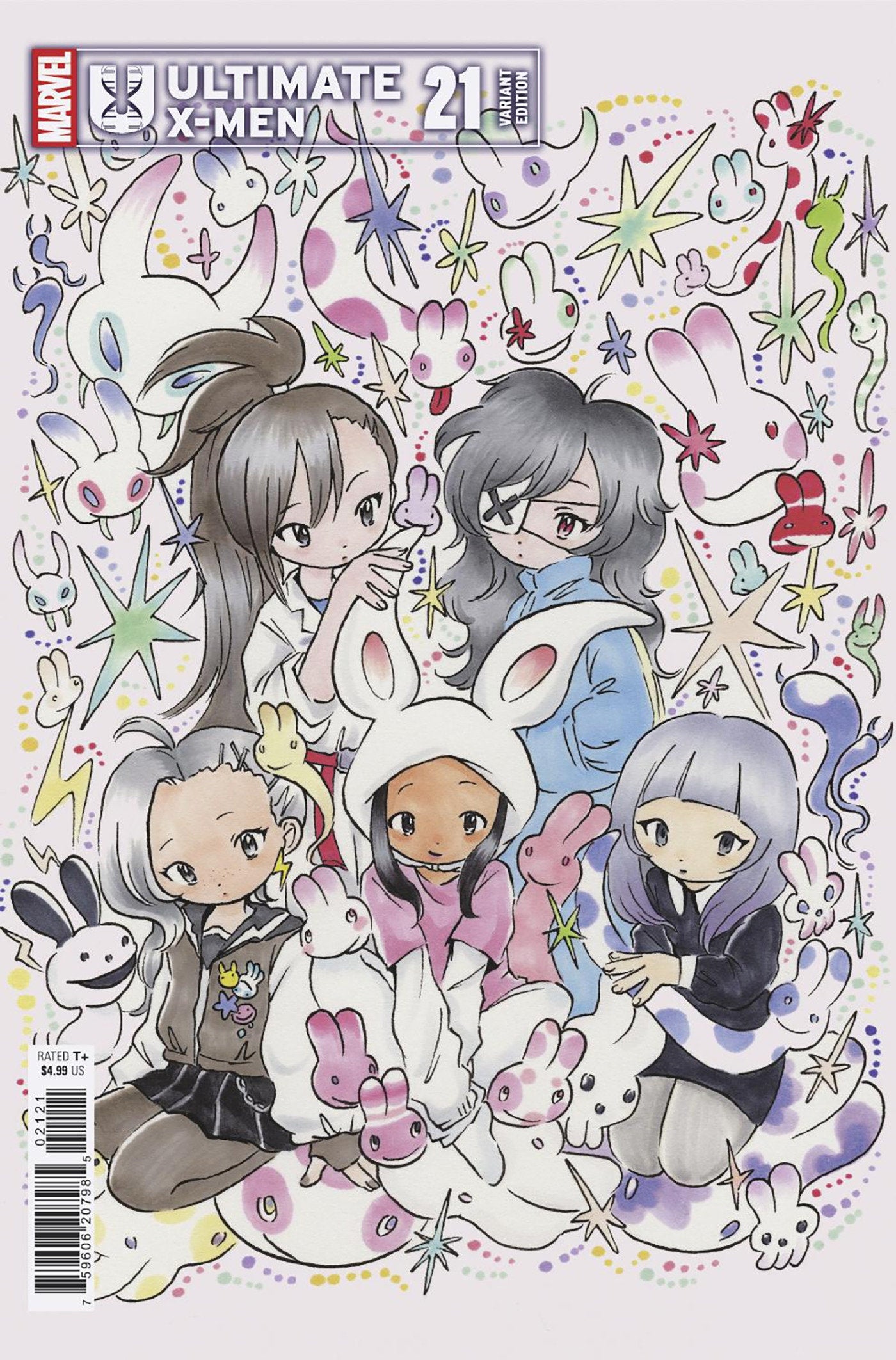 Comic book cover featuring four characters with bunny ears and pastel colors, titled 'Ultimate X-Men'.