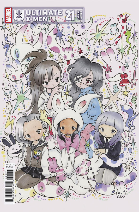 Comic book cover featuring four characters with bunny ears and pastel colors, titled 'Ultimate X-Men'.