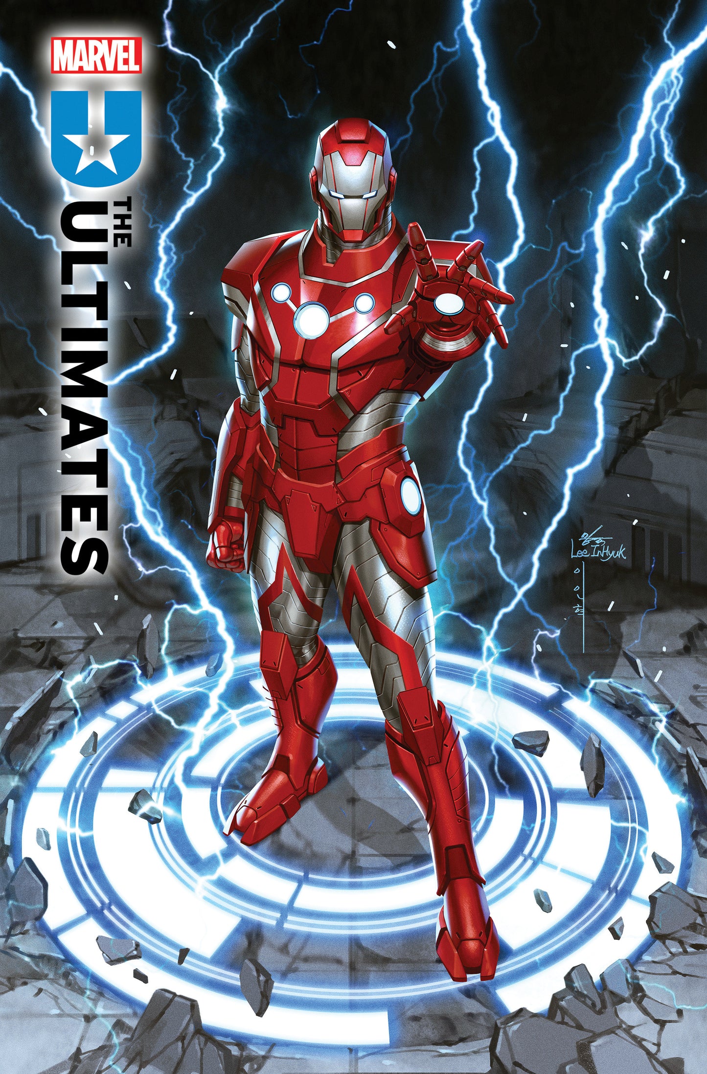 Red superhero suit with lightning effects on a dark background, featuring Marvel logo.