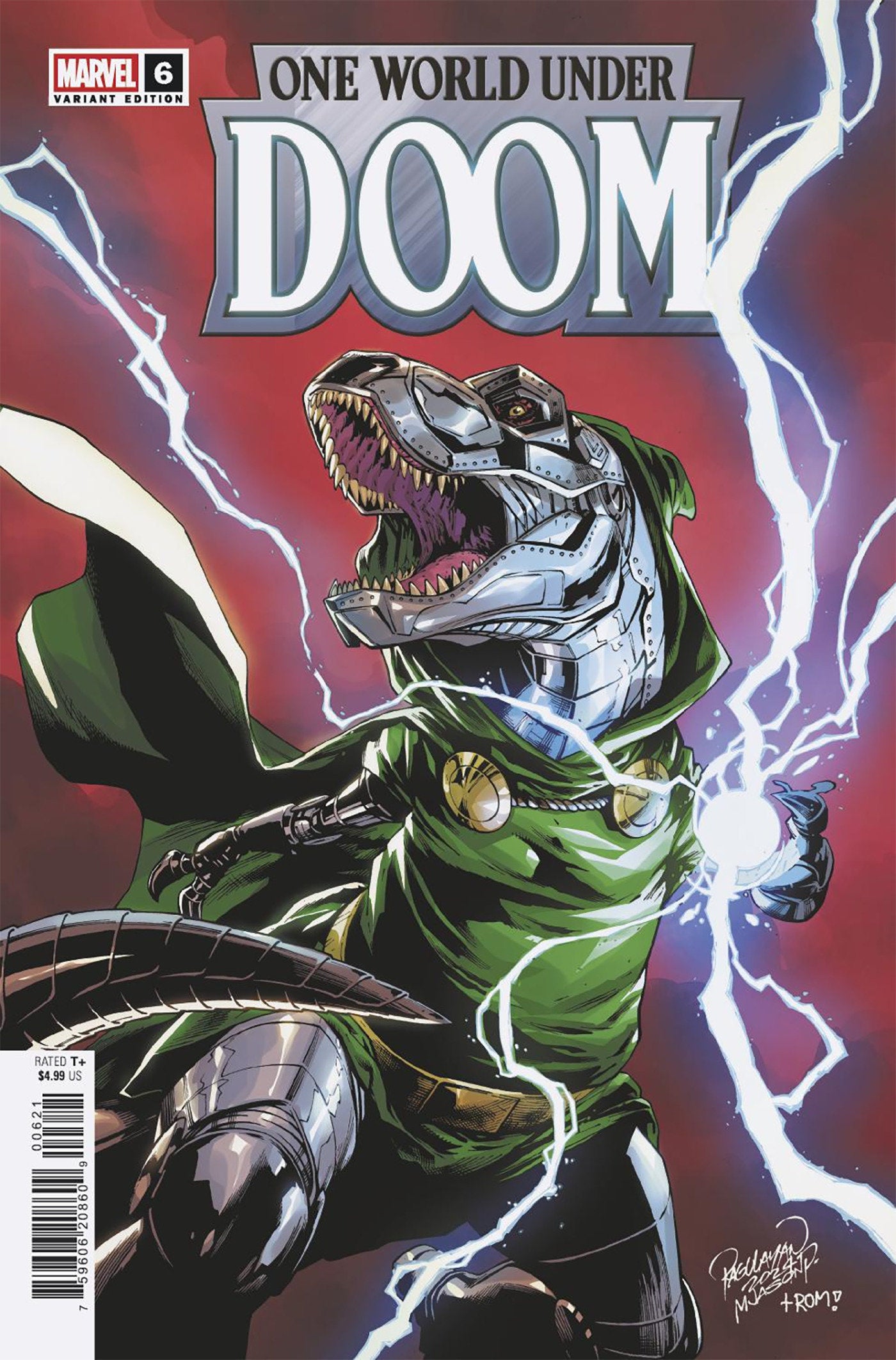 Comic book cover featuring a robot dinosaur with 'One World Under Doom' text