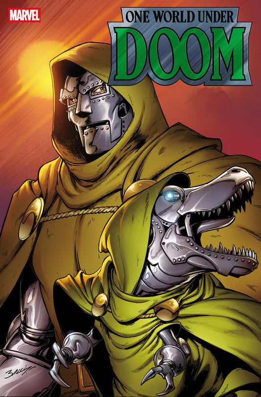 Comic book cover featuring a character in a green hooded outfit with mechanical elements, titled 'One World Under Doom'.