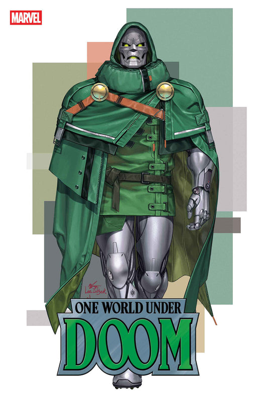 Comic book cover featuring a character in green armor with 'One World Under Doom' text, Marvel logo.