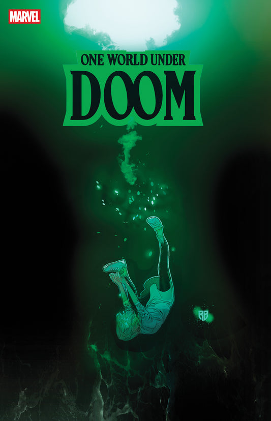 Comic book cover with a character underwater, text 'One World Under Doom', and Marvel logo.