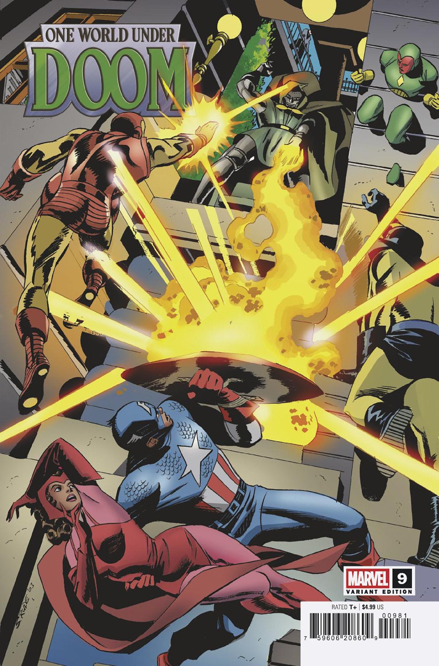 Comic book cover featuring superhero characters with a yellow energy blast.