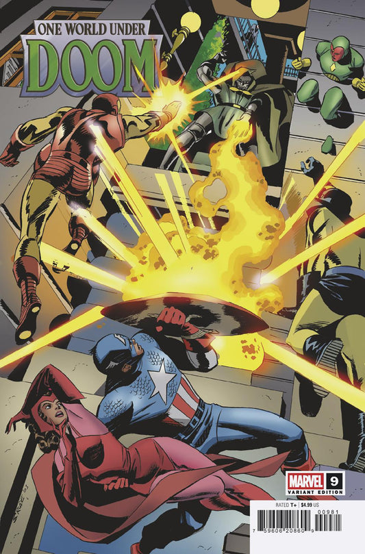 Comic book cover featuring superhero characters with a yellow energy blast.