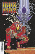 Comic book cover featuring Iron Man with a large weapon on a dark background