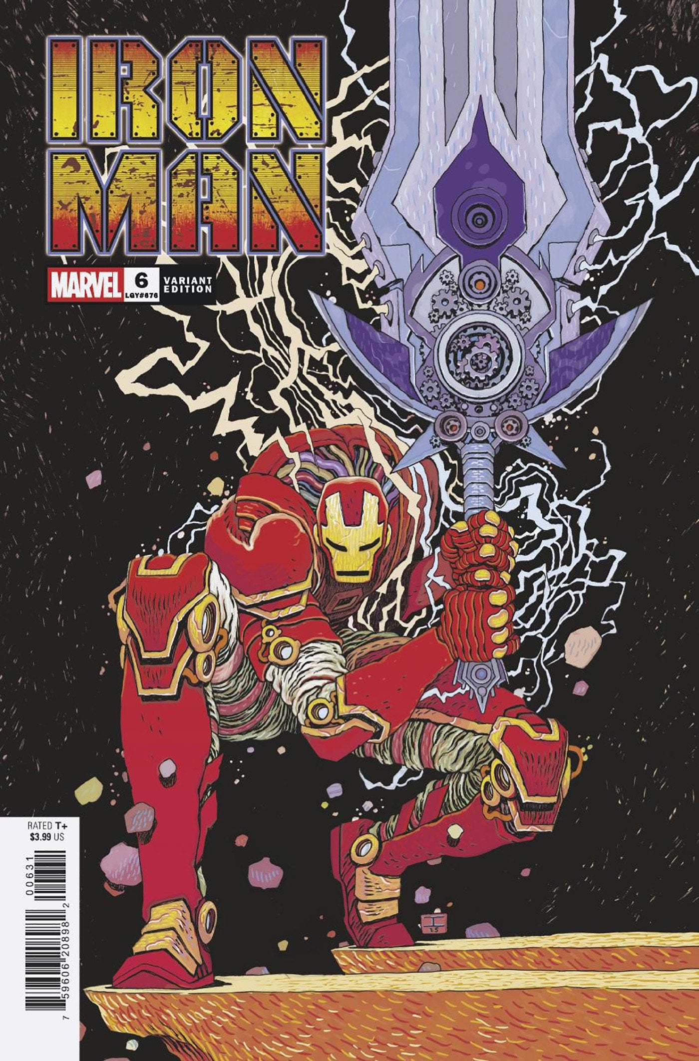Comic book cover featuring Iron Man with a large weapon on a dark background