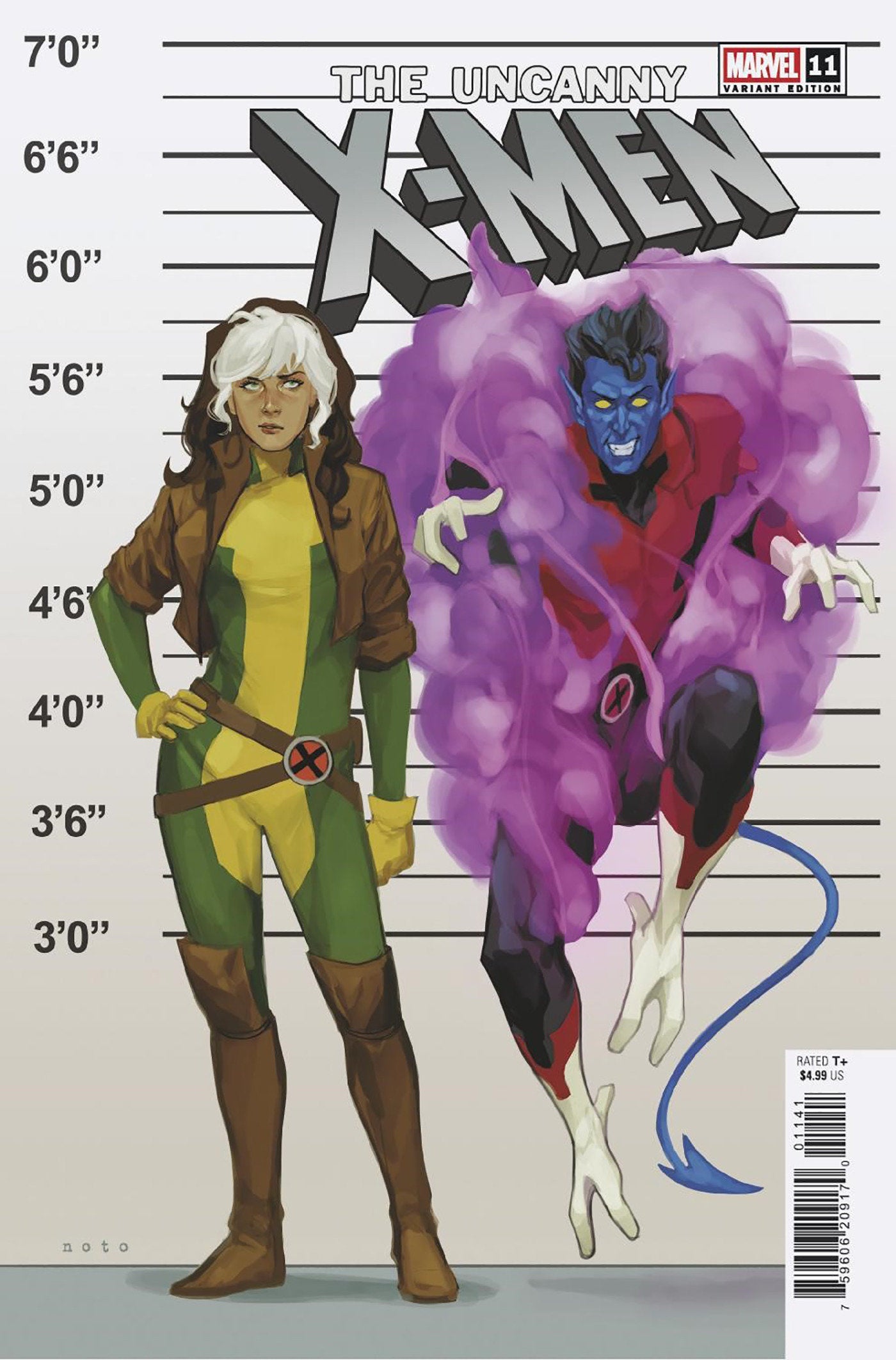 Comic book cover featuring two characters in front of a height chart, with 'The Uncanny X-Men' title at the top.