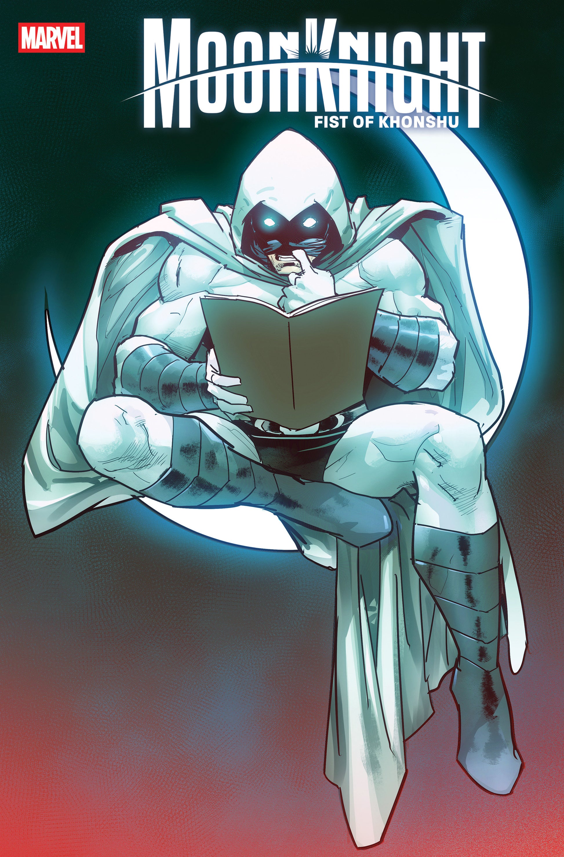 Comic book cover featuring a character in a white robe reading a book with a red and blue gradient background.