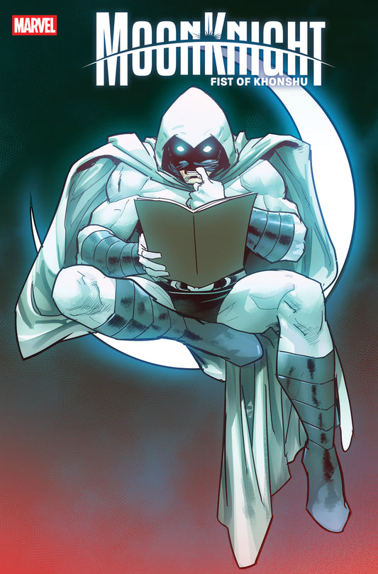 Comic book cover featuring a character in a white robe reading a book with a red and blue gradient background.