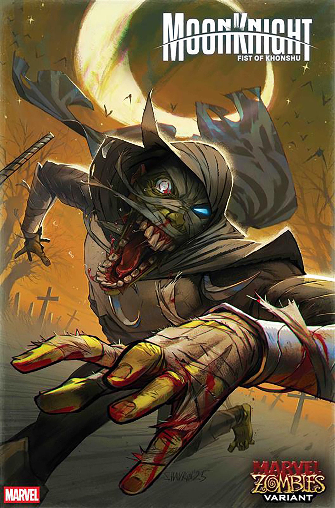 Comic book cover featuring a character in a zombie costume with 'Moon Knight' and 'Marvel Zombies' branding.