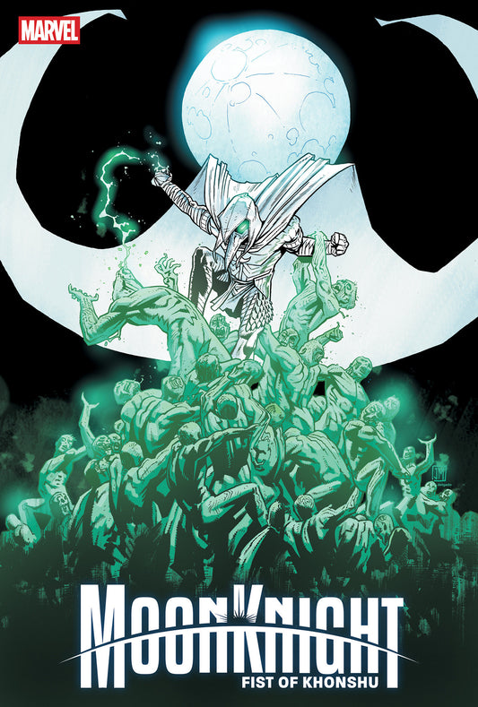 Comic book cover featuring a superhero with green energy and the title 'Moon Knight: Fist of Khonshu'.