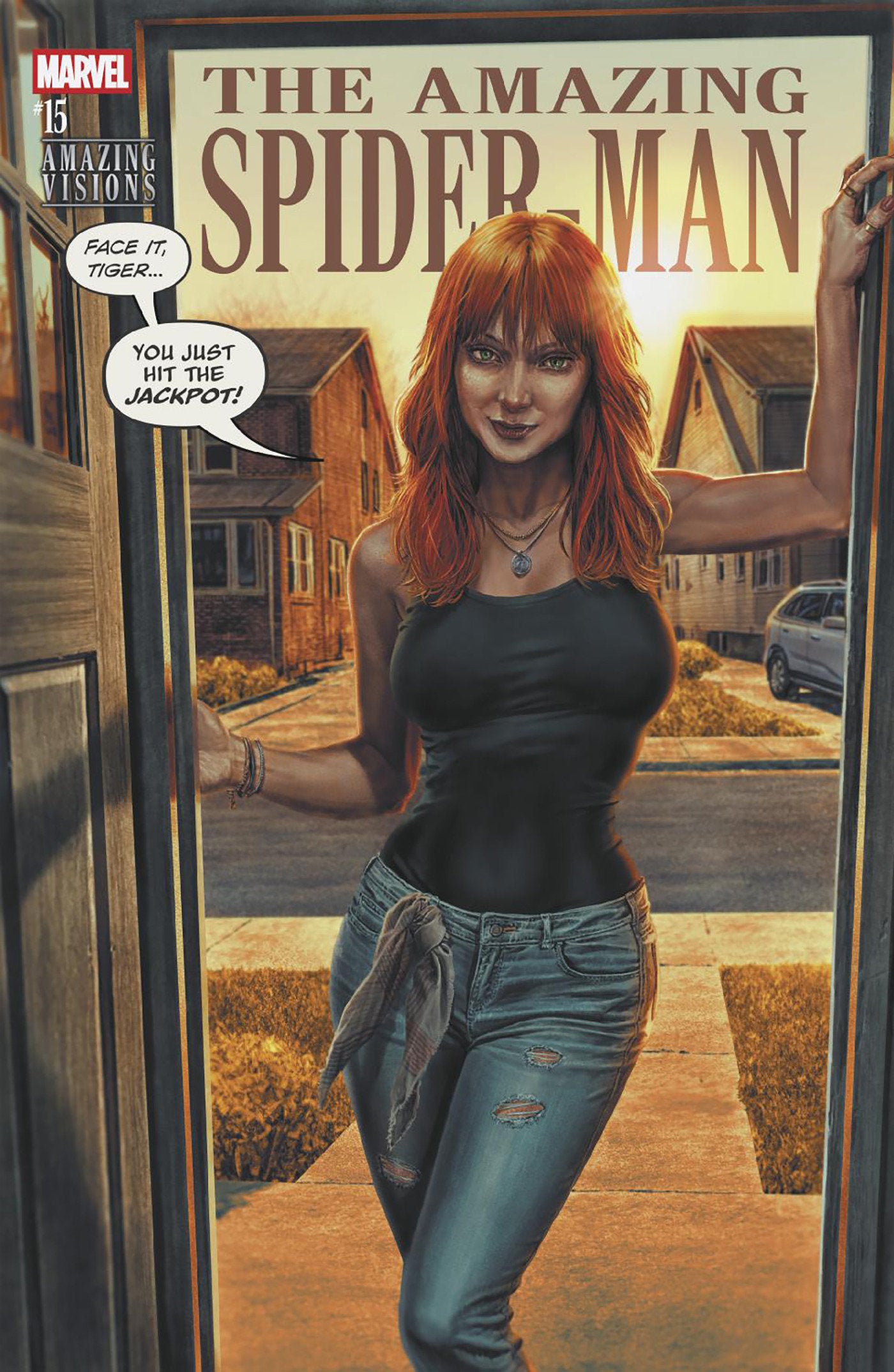 Comic book cover featuring a woman with red hair standing in front of a house.