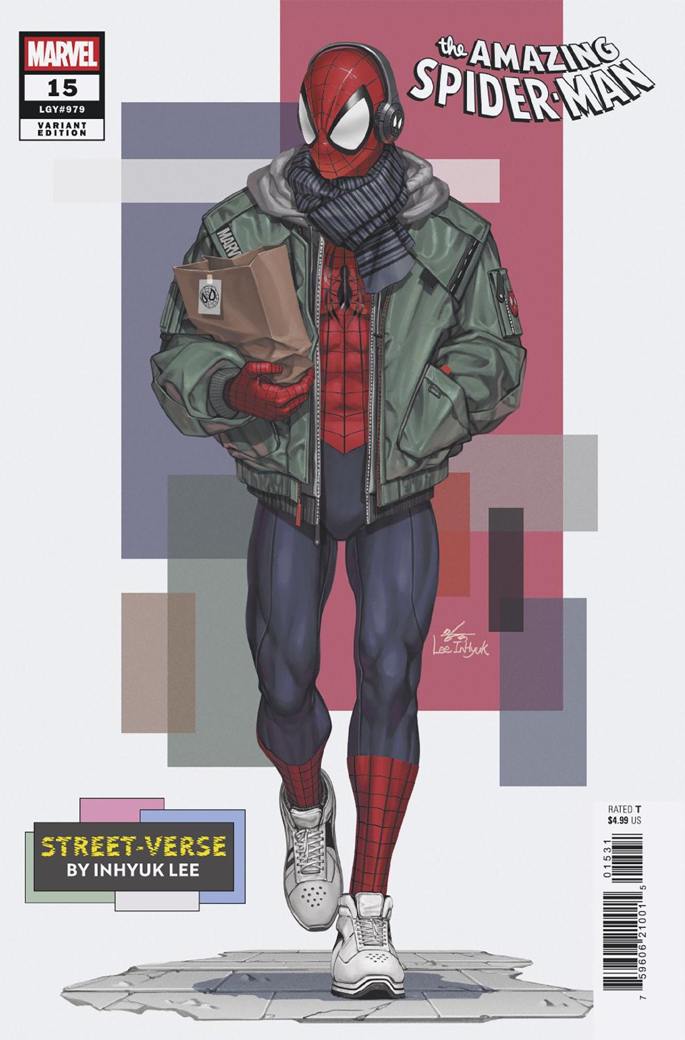 Comic book cover featuring Spider-Man in a modern outfit with geometric background