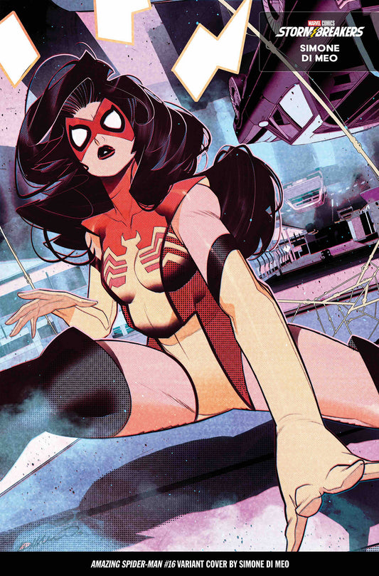 Comic book cover featuring a superheroine in a dynamic pose with a cityscape background.