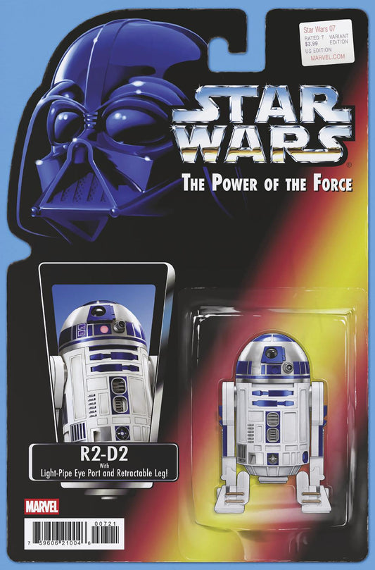 Star Wars R2-D2 figure in packaging with Darth Vader helmet on a blue background