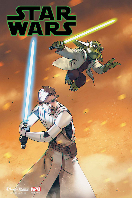 Illustration of a character with a lightsaber and a creature in the background, featuring 'Star Wars' branding.