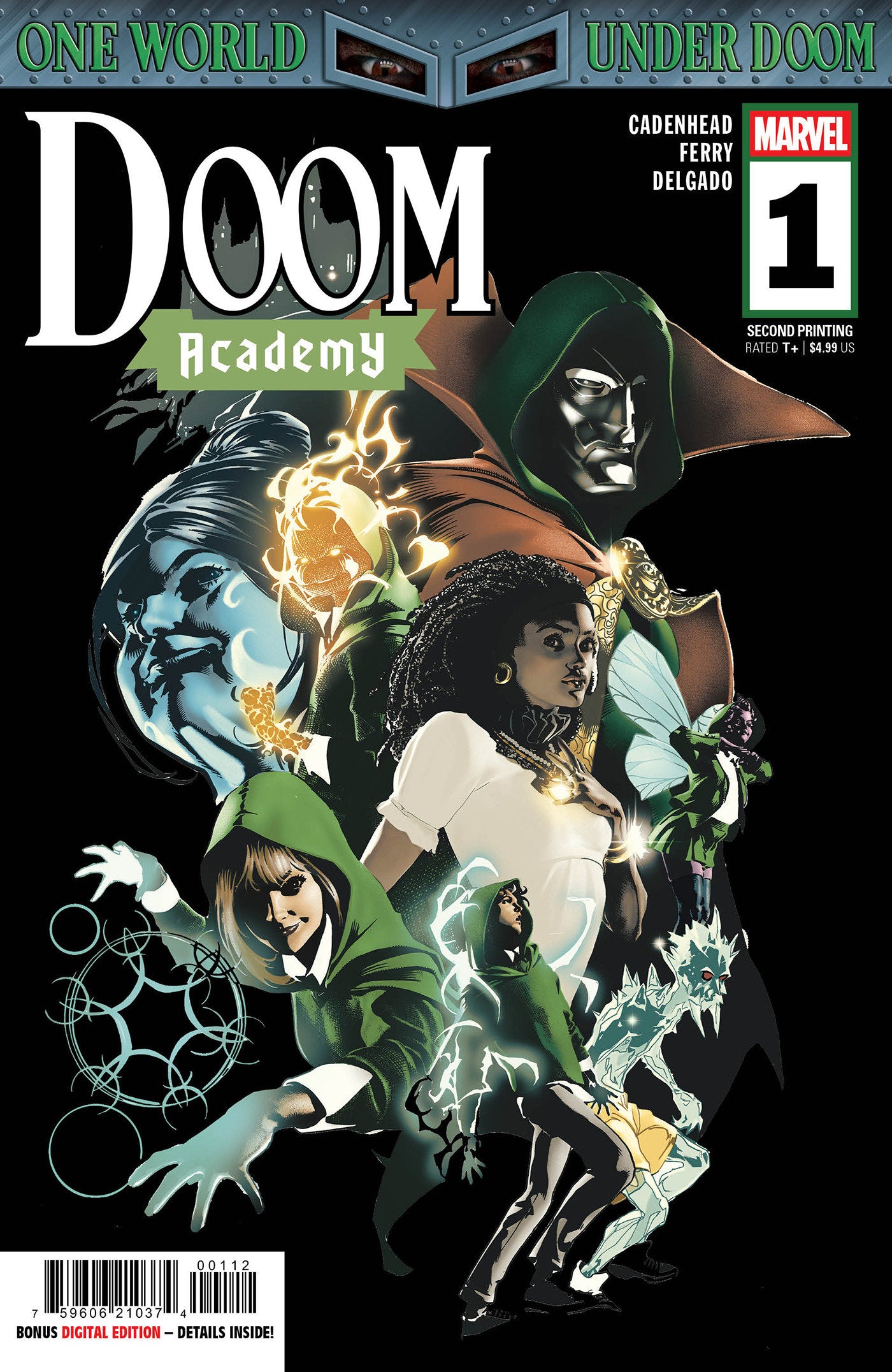 Comic book cover featuring characters from 'Doom Academy' with Marvel branding.