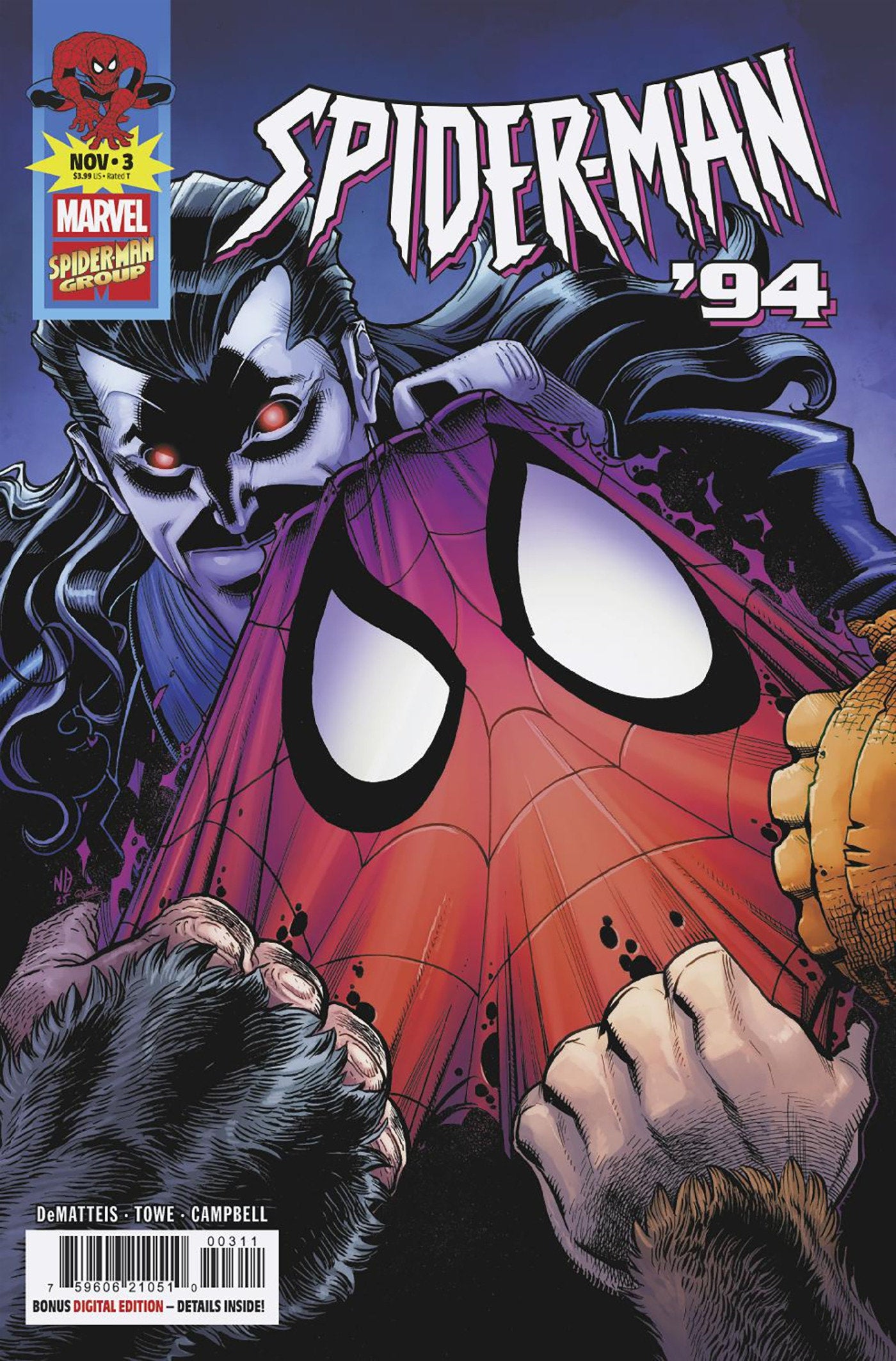 Comic book cover featuring a character in a Spider-Man costume with a dark background