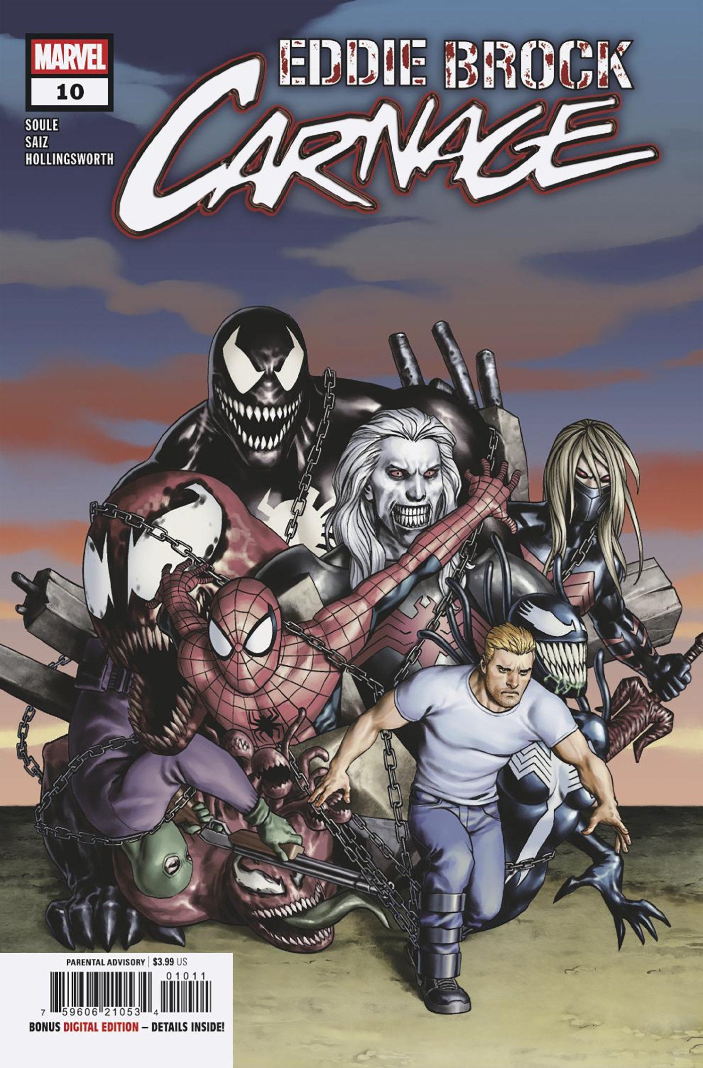 Comic book cover featuring multiple characters with a sunset background