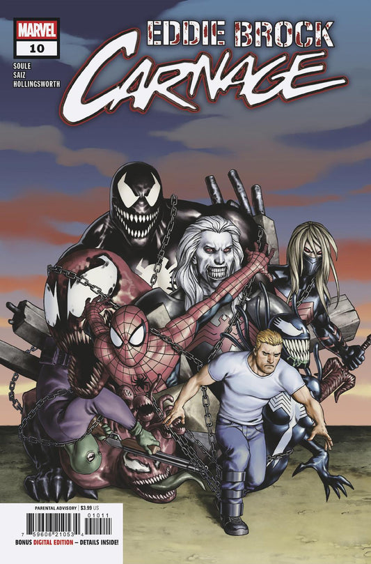 Comic book cover featuring multiple characters with a sunset background