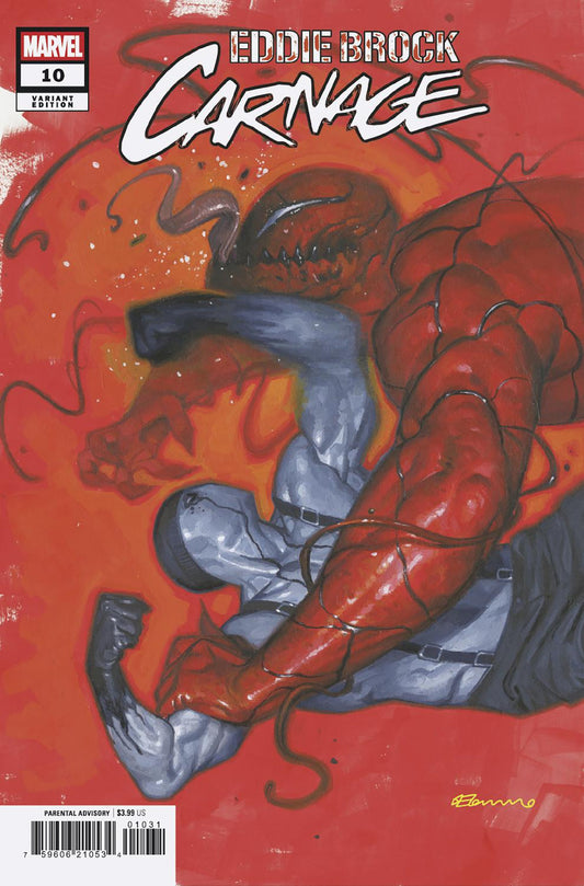 Comic book cover featuring Eddie Brock as Carnage with a red and orange background