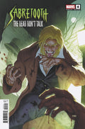 Comic book cover featuring a character with a sinister expression and text 'Sabretooth: The Dead Don't Talk'.