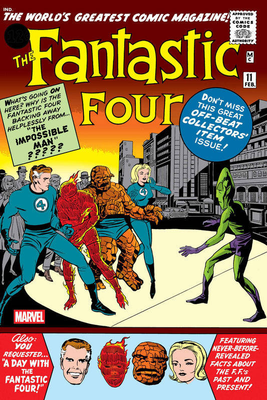 Comic book cover featuring The Fantastic Four with superhero characters and text.