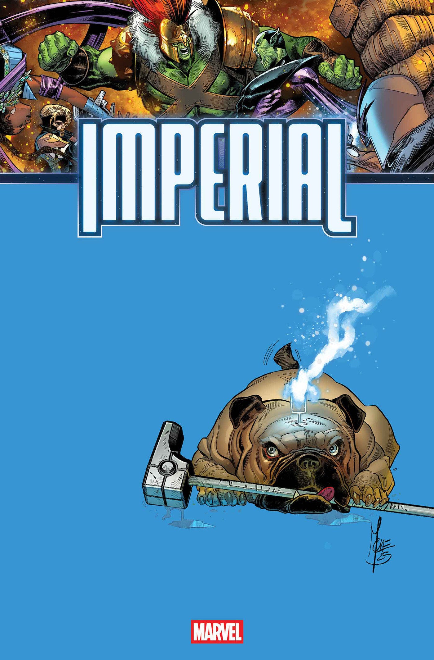 Comic book cover titled 'Imperial' with a bulldog holding a hammer against a blue background, featuring Marvel logo.