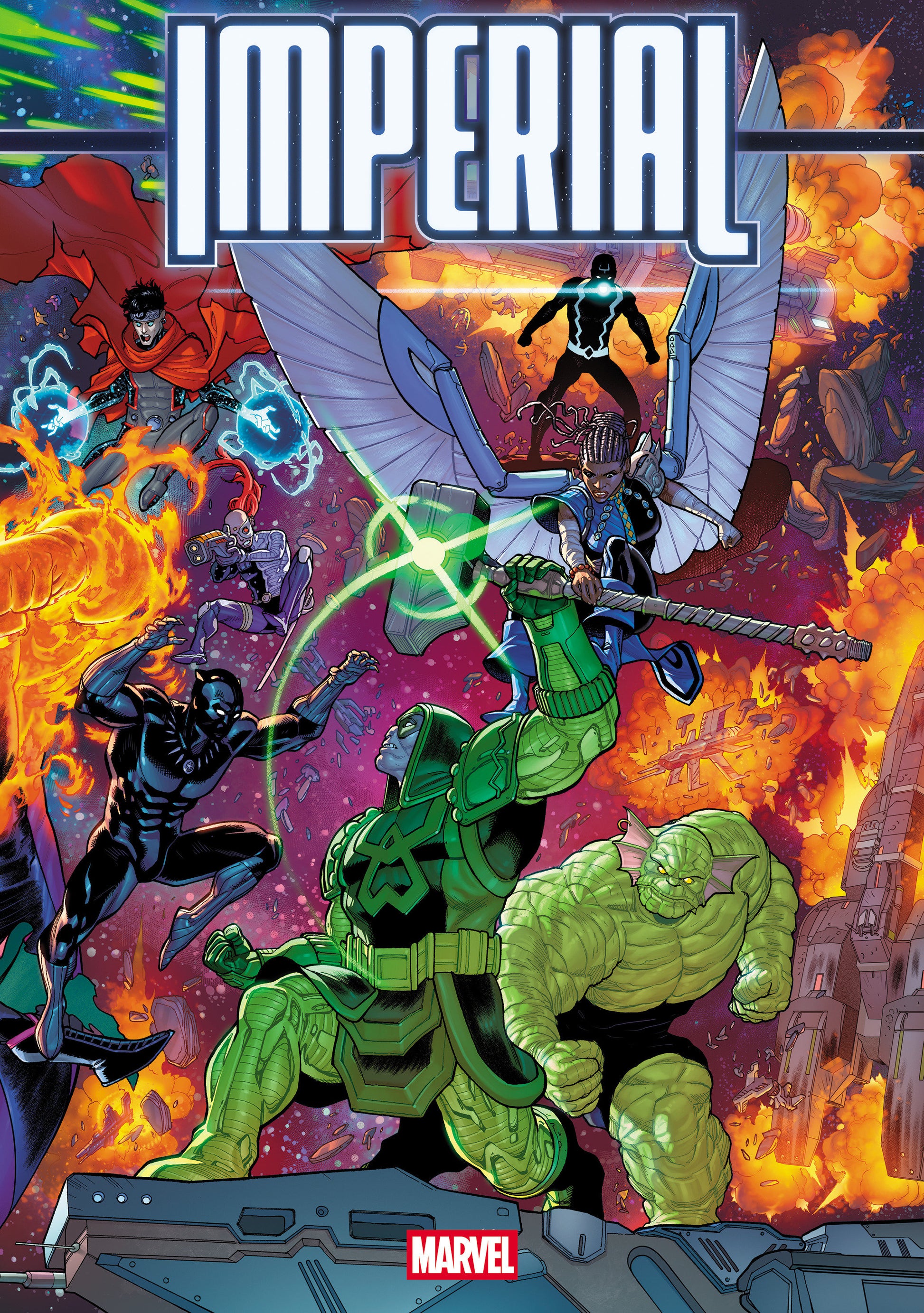 Comic book cover featuring superhero characters with fiery background