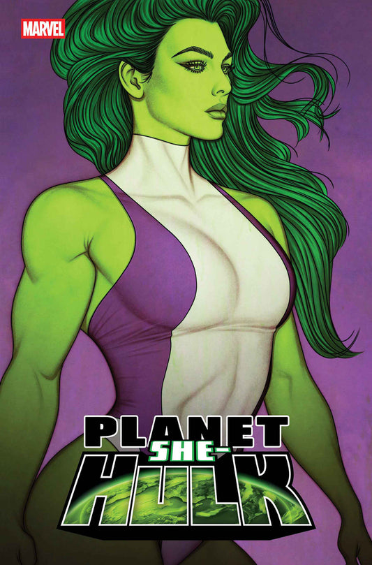 Comic book cover featuring She-Hulk with green hair and purple top on a purple background.
