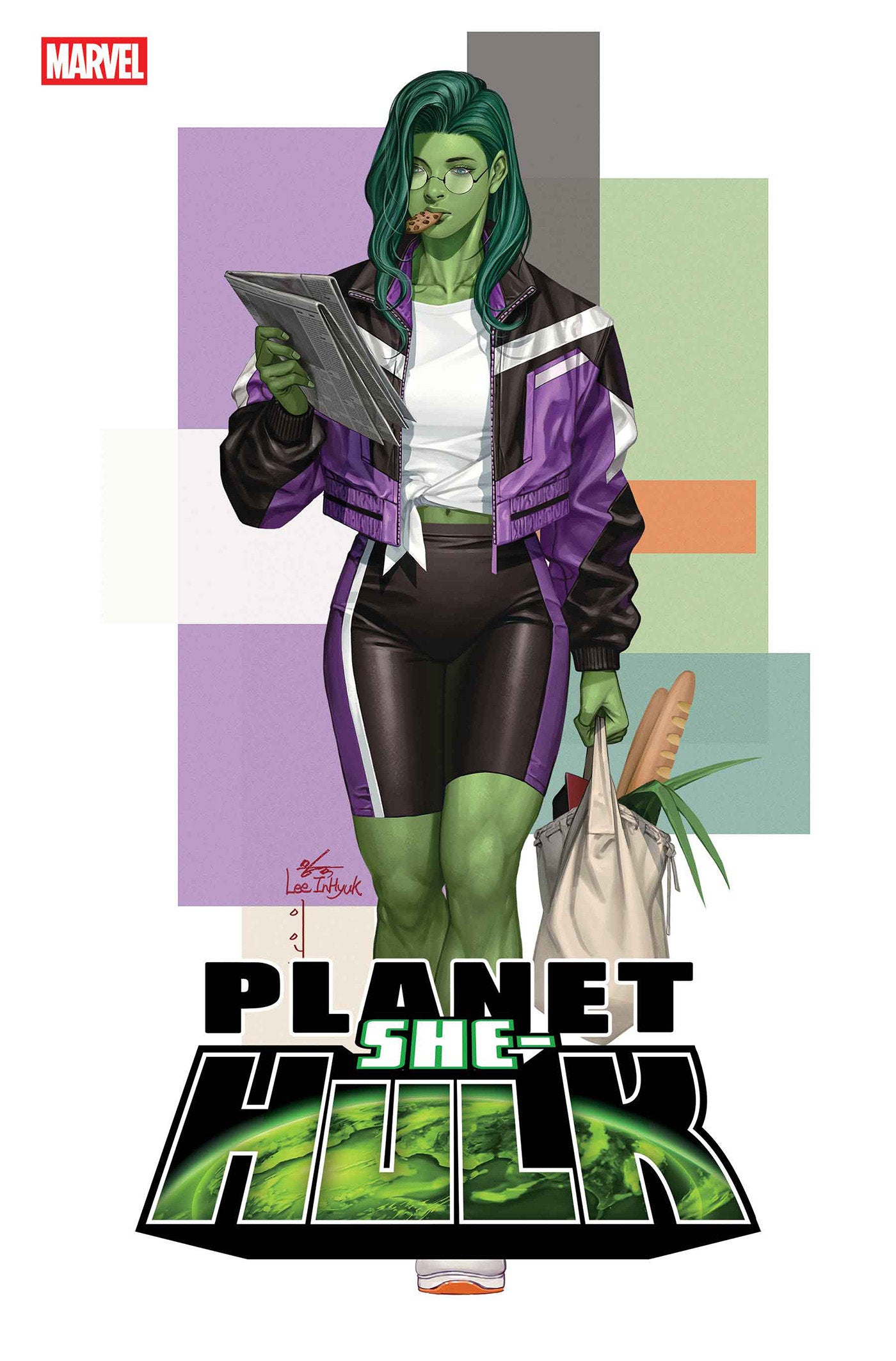Comic book cover featuring She-Hulk with a colorful geometric background