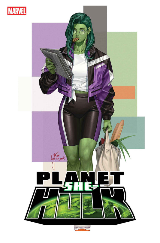 Comic book cover featuring She-Hulk with a colorful geometric background