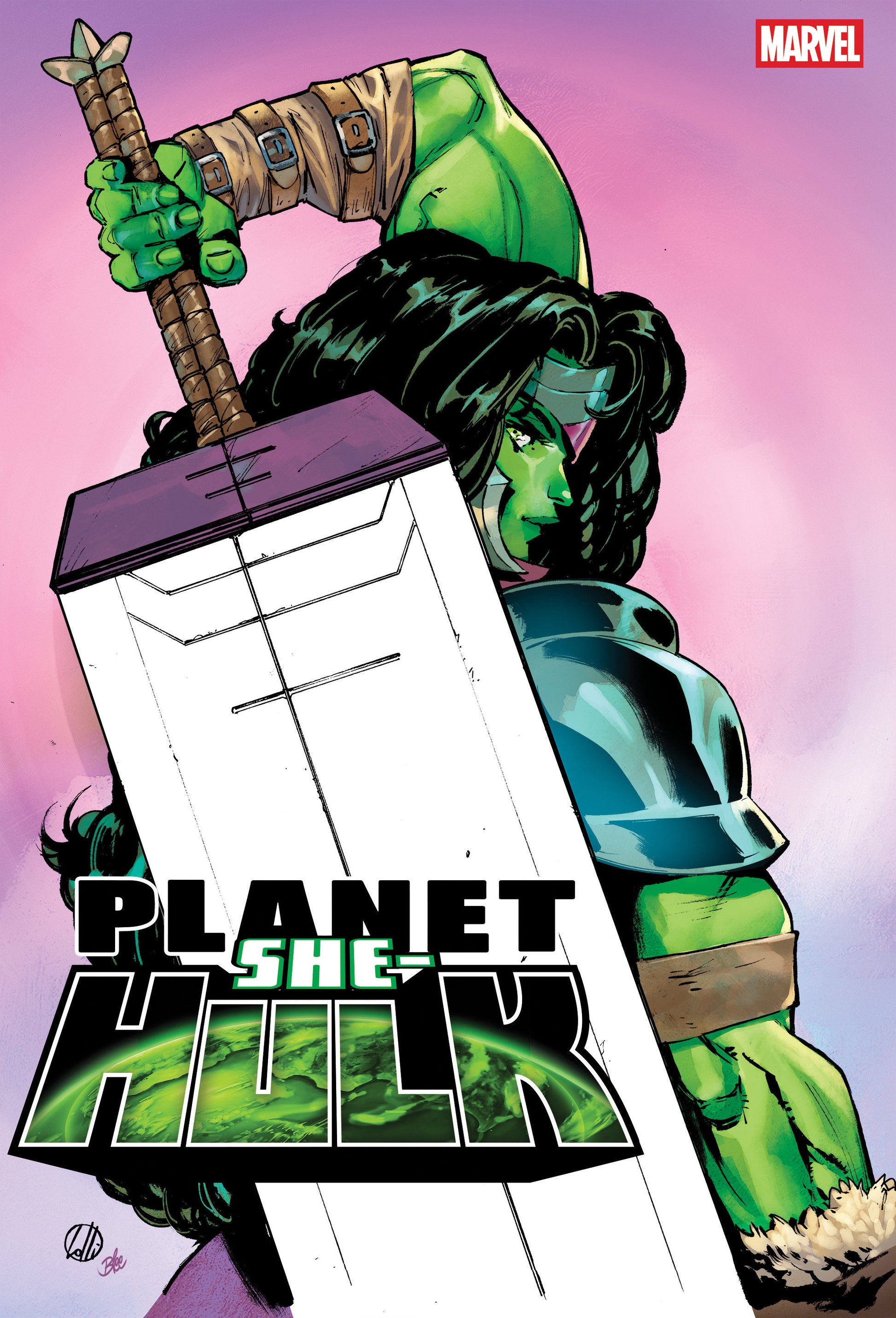 Comic book cover featuring a character holding a hammer with 'Planet She-Hulk' text and Marvel logo.