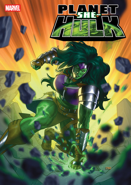 Comic book cover featuring She-Hulk with a dynamic pose against a colorful background.