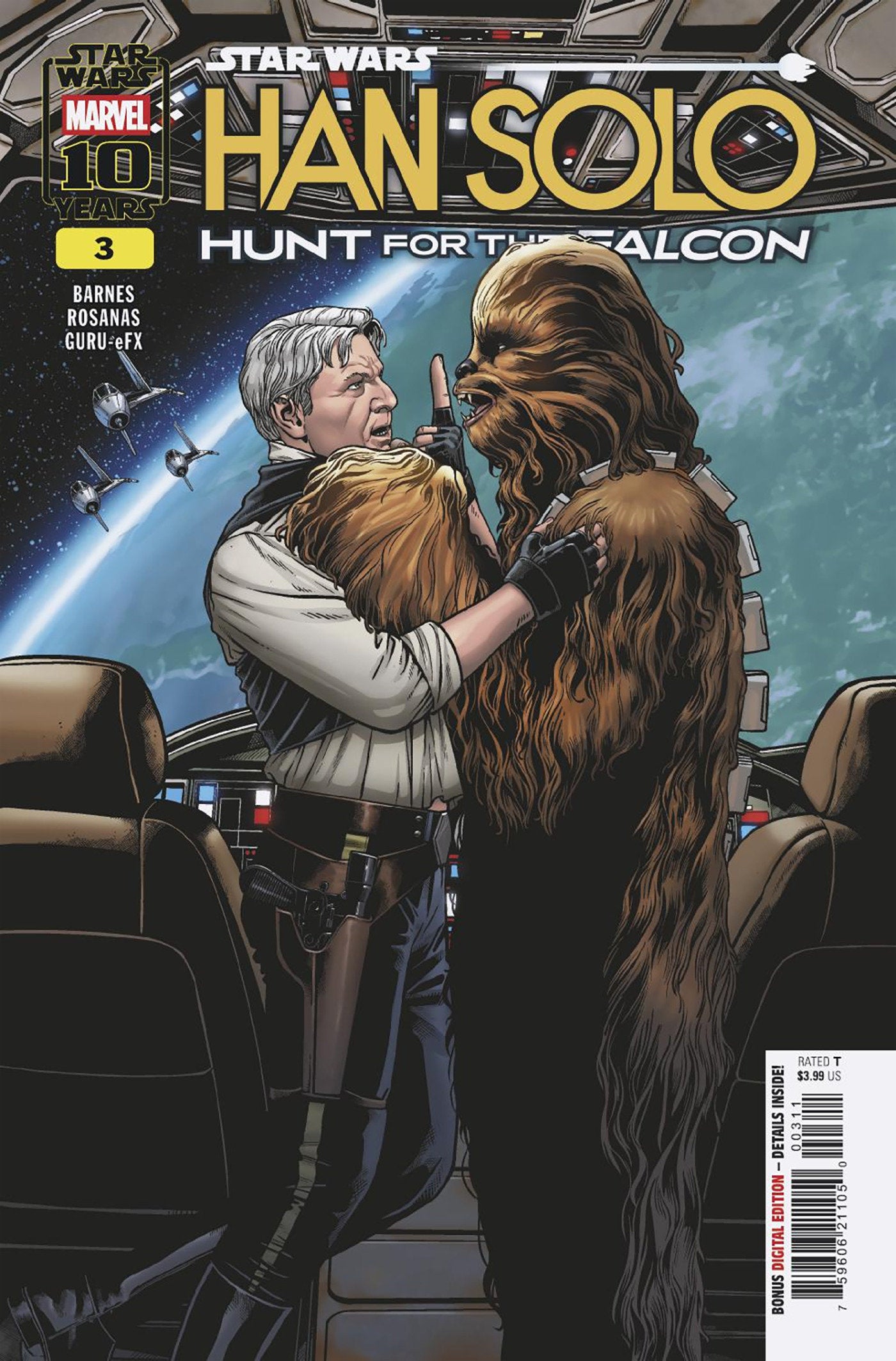 Comic book cover featuring Han Solo and Chewbacca in a spaceship, with 'Star Wars' branding.