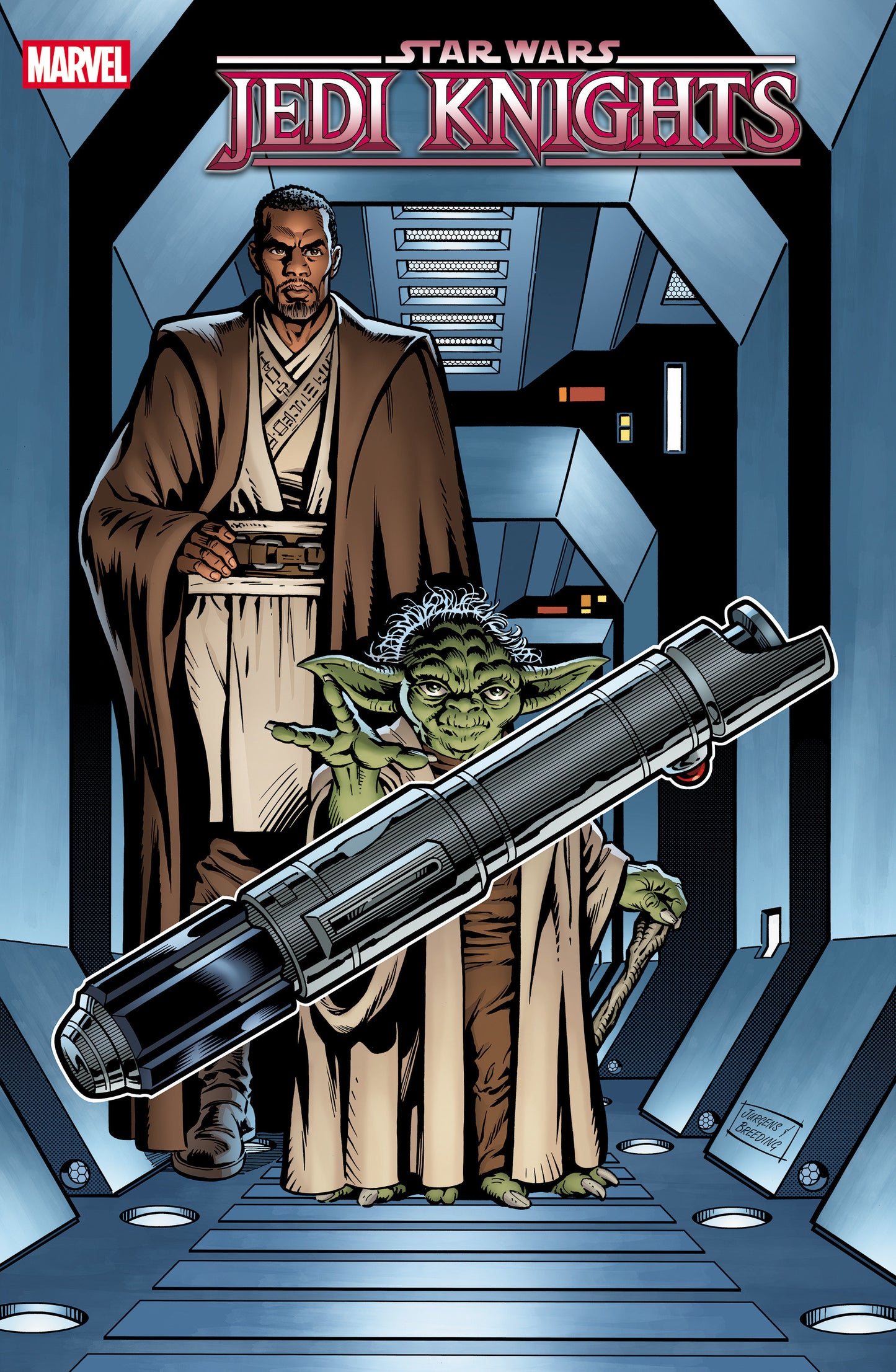 Comic book cover featuring Jedi Knights with a lightsaber and character in a spaceship interior.