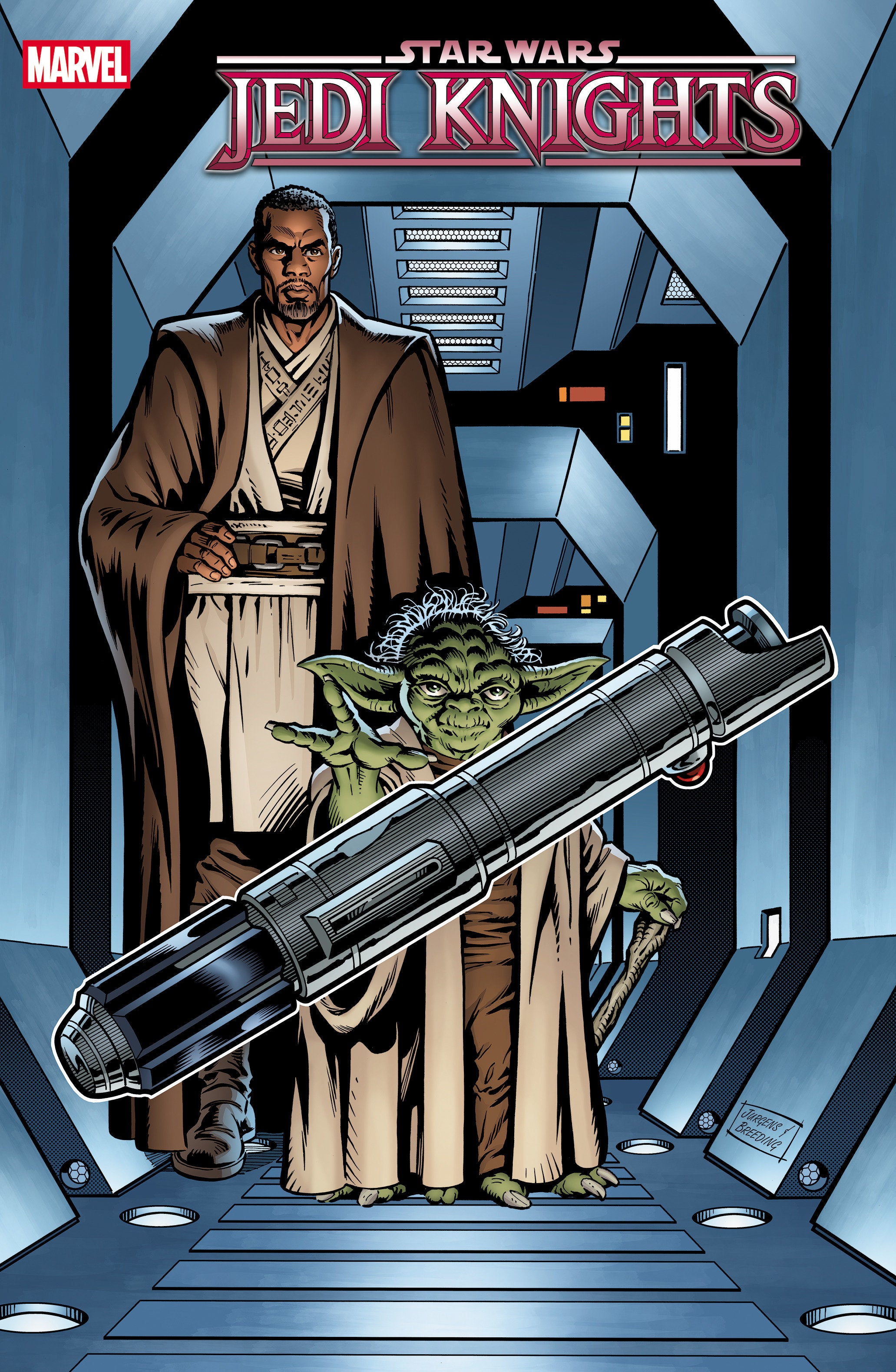 Comic book cover featuring Jedi Knights with a lightsaber and character in a spaceship interior.