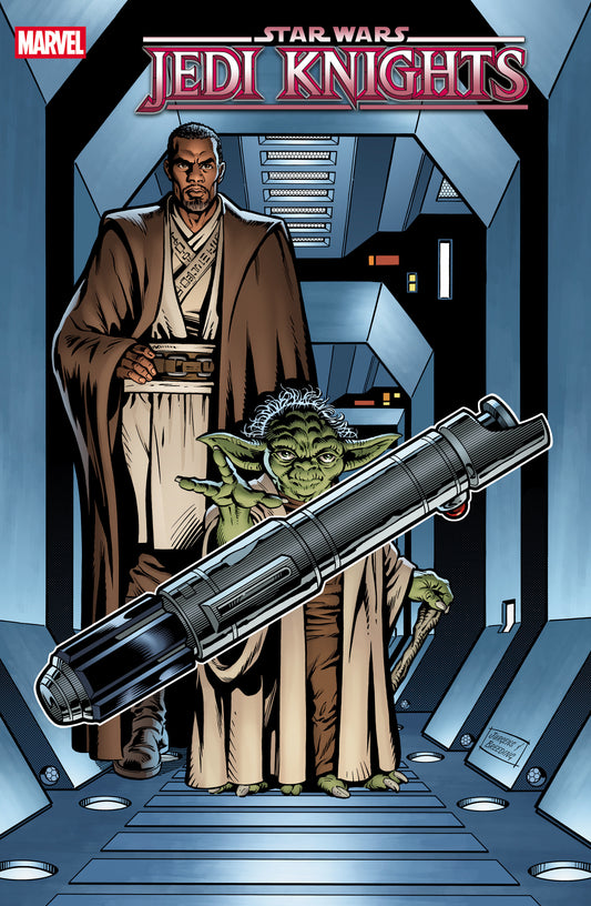 Comic book cover featuring Jedi Knights with a lightsaber and character in a spaceship interior.