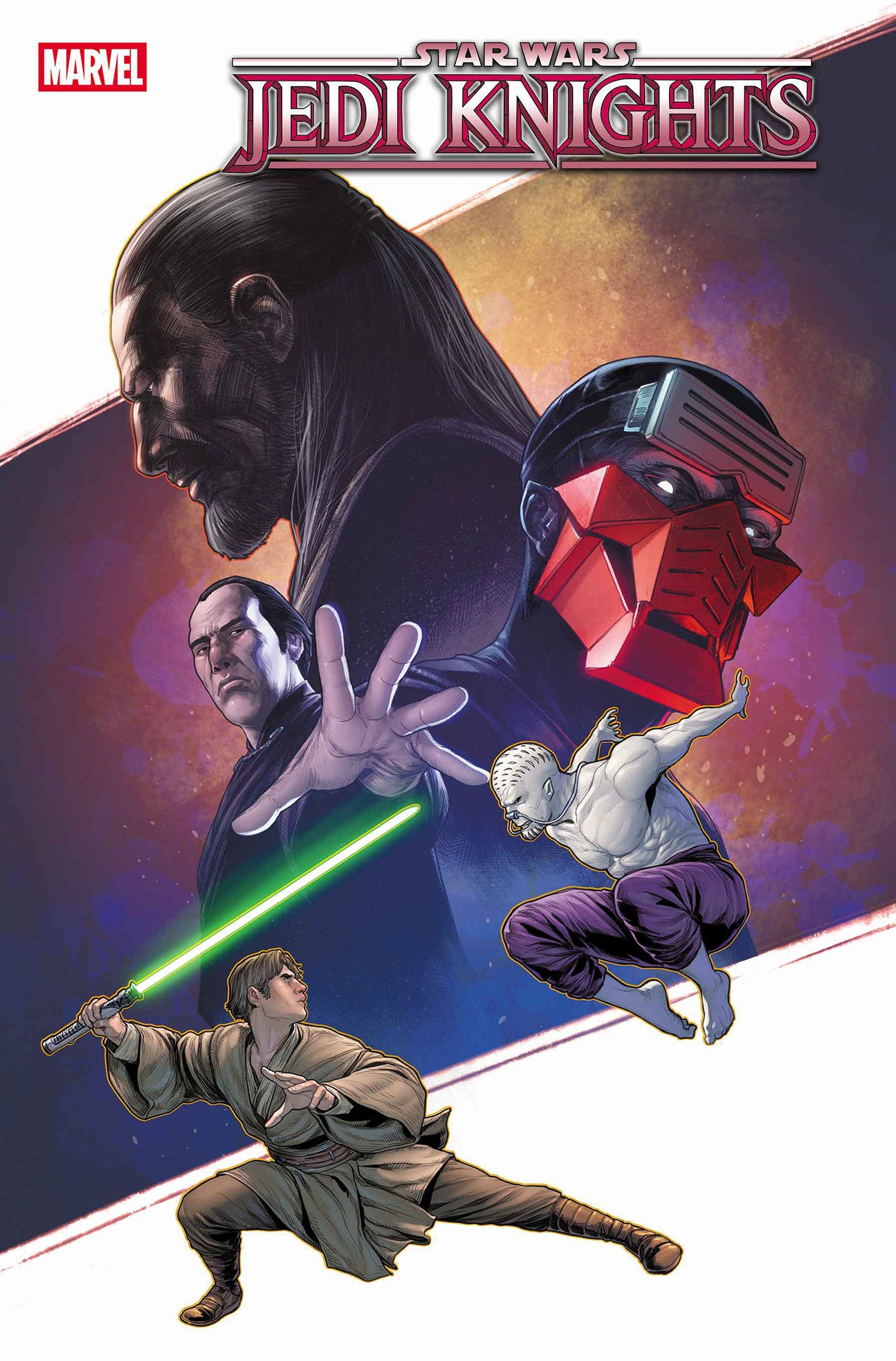 Comic book cover featuring characters from 'Star Wars Jedi Knights' with a colorful background.