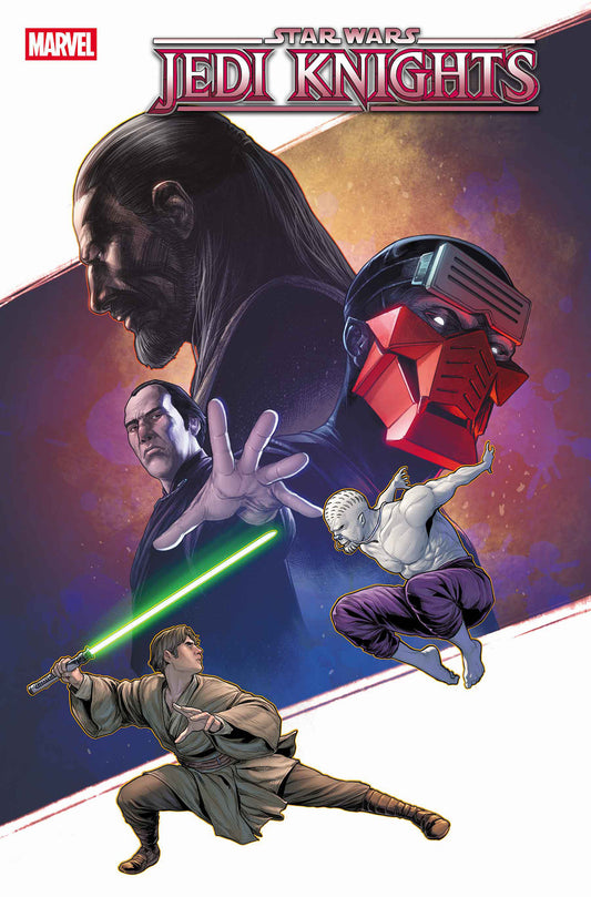 Comic book cover featuring characters from 'Star Wars Jedi Knights' with a colorful background.